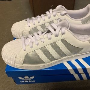 Adidas White and Silver Superstars Women Size 11
